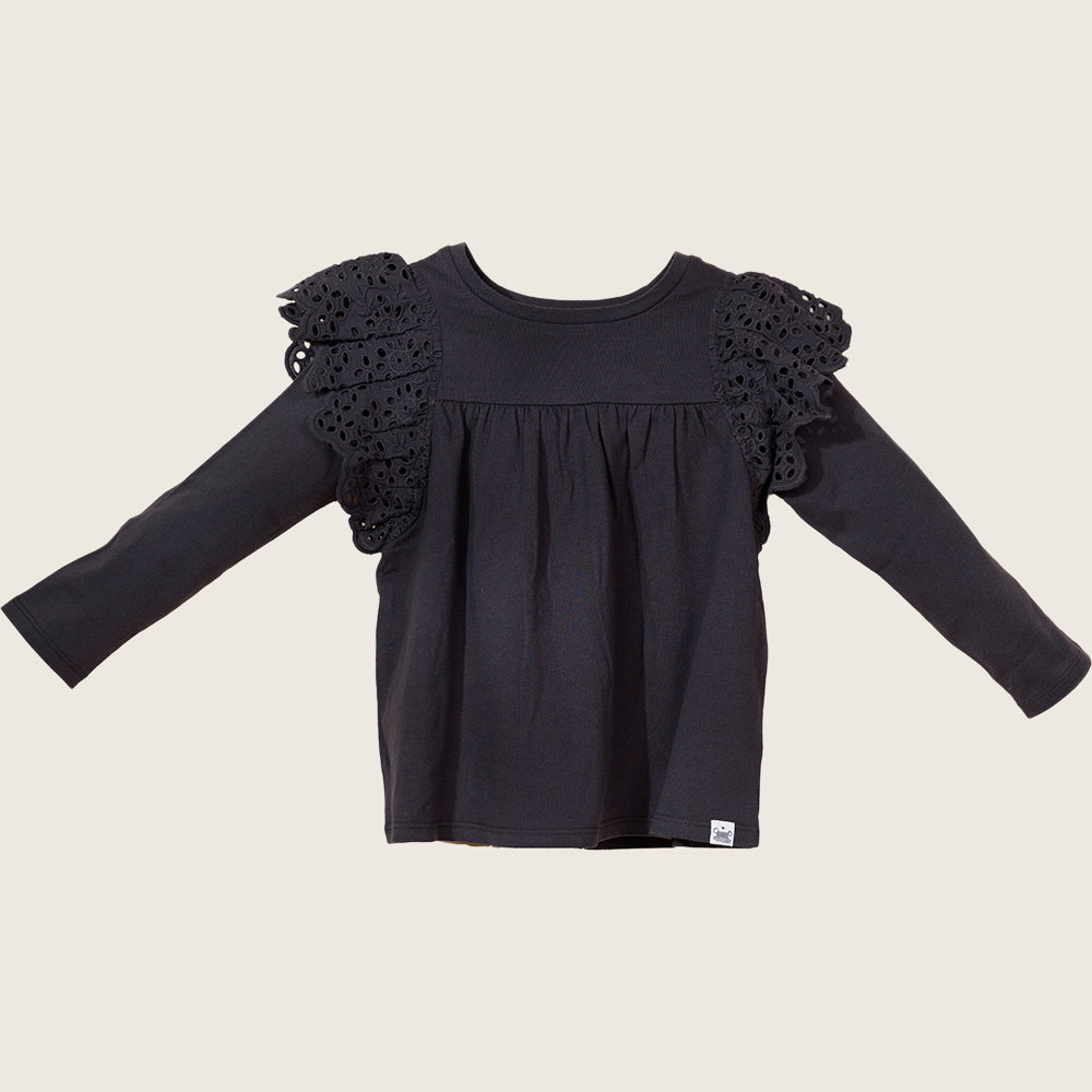 rise little earthling Ruffle Shoulder Tee TGHKT39 - Black / 18-24m